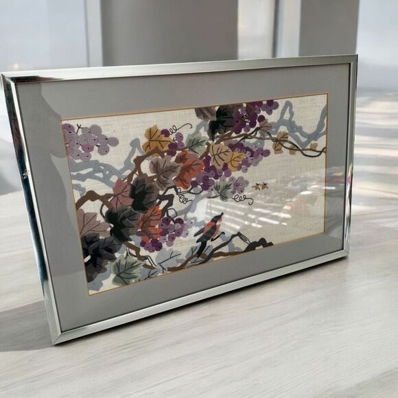 Vintage Grapes And Bird Framed Crewel - Picture 1 of 11